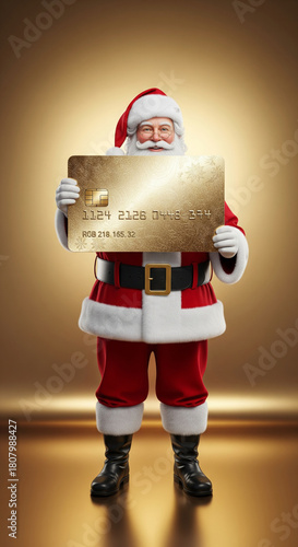 Santa Claus Displaying Giant Credit Card (or Gift Card) on Gold Background