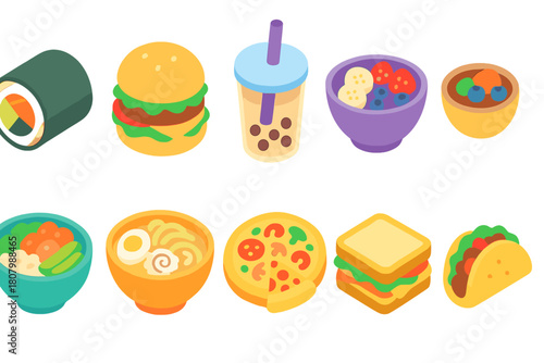 Food and drink icon set: 3d icons for culinary, fast food, beverage collections