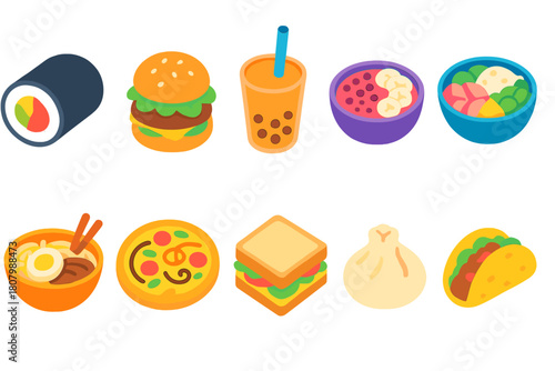 Asian cuisine, food icon set. Glowing 3d icons of sushi, dumplings, ramen, bubble tea
