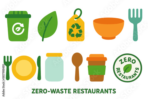 Zero-waste restaurant solid icon set: sustainability, eco-friendly dining collection