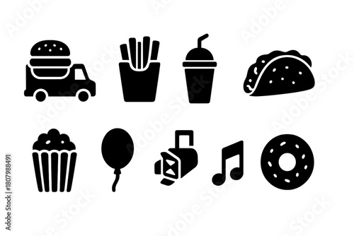 Food and beverage silhouette icon set. Fast food, drinks icons collection