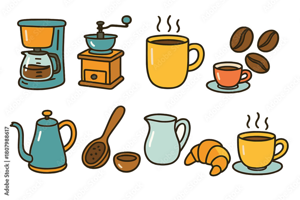 Fototapeta premium Coffee, tea and breakfast icon set. Vintage, hand-drawn outline style collection