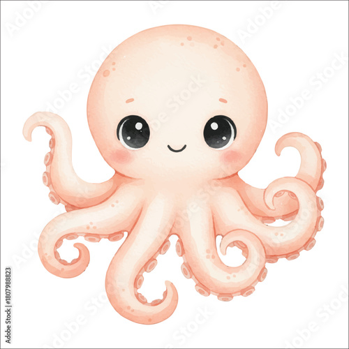 Octopus Watercolor Vector Isolated on White Background
