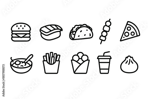 Food and drinks outline icon set. Snacks, fast food, beverages linear collection