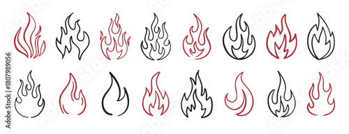 Hand drawn flames doodle set simple line art fire design