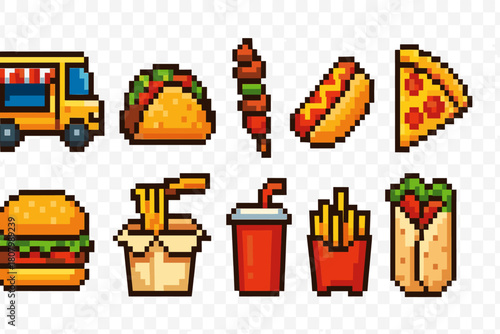 Food and drinks pixel icon set. Fast food, snacks, beverage icons in pixel art style
