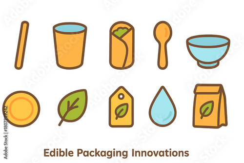 Eco-friendly, edible packaging icon set. Zero waste, sustainable icons outline style