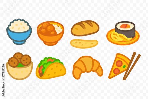 Food and cuisine flat icon set. Delicious meal, snack icons collection.