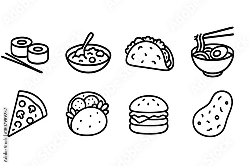 Food and meal outline icon set. Snacks, fast food, dining icons in outline style