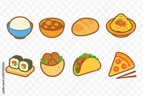 Food and cuisine flat icon set. Dining, culinary elements, meal symbols flat collection