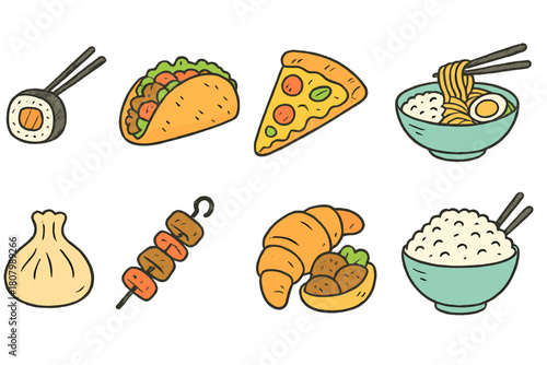 Food and cuisine icon set. Tasty flat icons for restaurants and menus
