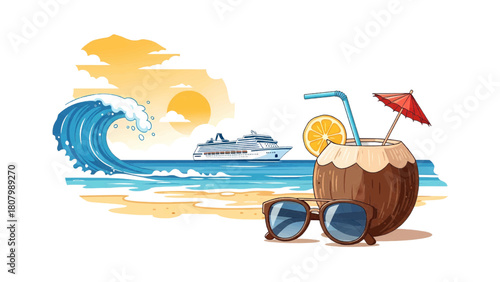 Vector illustration of tropical beach scene with ocean wave, cruise ship, coconut drink, and sunglasses isolated on transparent background