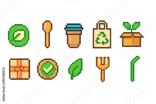 Eco-friendly pixel icon set. Sustainability, recycling, and green lifestyle icons