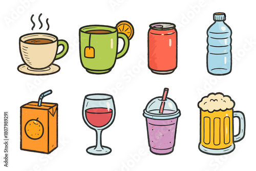 Beverages, drinks outline icon set. Coffee, tea, juice, soda, and wine outline icons