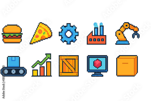 Pixel art icon set for food and industry. 8-Bit style, burger, pizza, robot, chart, box