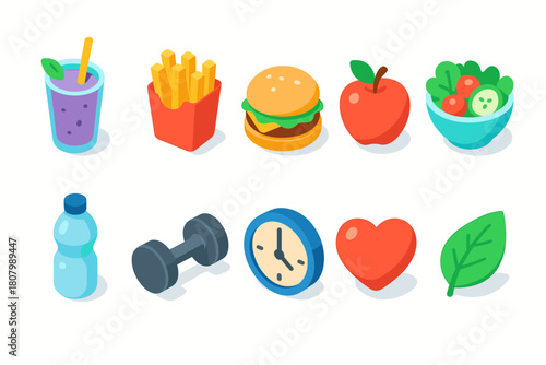 Healthy living icon set: food, fitness, wellness icons in 3d style collection