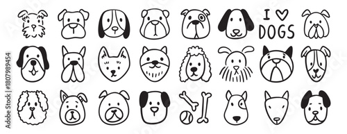Dog doodle set, hand drawn puppy vector cute face animal clip art, children illustration, beagle husky bulldog, coloring, vet