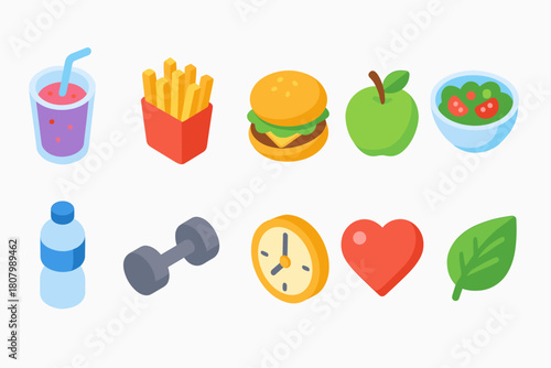 Healthy lifestyle flat icon set. Fitness, food, nutrition, wellness, health symbols collection