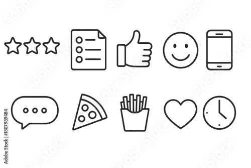 Food, chat, emoji, phone, star outline icon set. Versatile social media icons collection