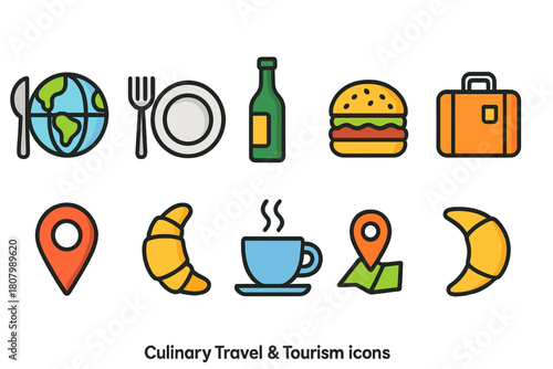 Culinary and travel outline icon set. Food, travel, map, and luggage outline icons