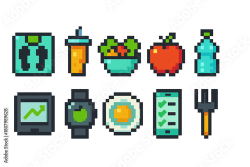 Health and fitness pixel icon set. Nutrition, exercise, and wellness outline collection
