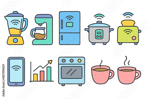 Smart home appliance icon set. Connected devices symbols in flat design for easy integration.