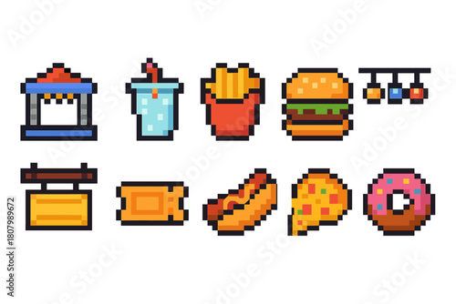 Food and drink pixel icon set. Fast food, snacks and beverage pixel icons collection