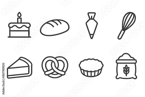 Baking and pastry outline icon set. Cake, bread, and kitchen tools in outline style.