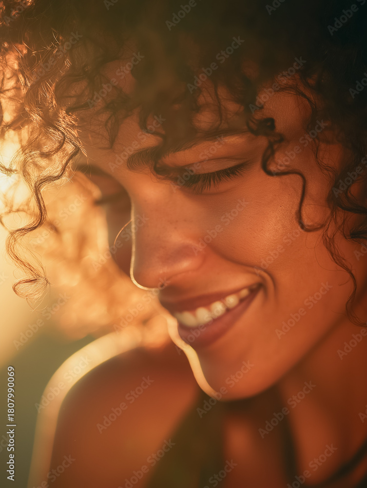 Fototapeta premium Joyful Woman with Curly Hair Smiling in Warm Golden Light