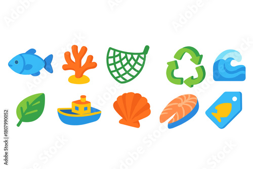 Marine life, fishing flat icon set. Sea, fish, ocean icons flat collection