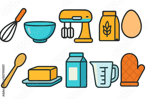 Cooking essentials flat icon set. Kitchen tools, baking, food preparation icons.