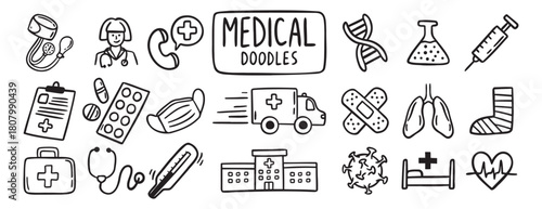 medical health care doodle hand drawn icon set. Outline drawing medical health care items line clipart symbol collection. Outline drawing line clipart symbol collection