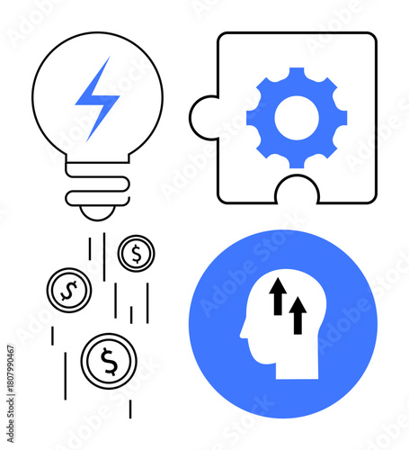 Innovation concept. Innovation with a light bulb for ideas, puzzle for solutions, and head knowledge growth. Innovation fosters creativity, business growth, and solutions. Ideal for startups