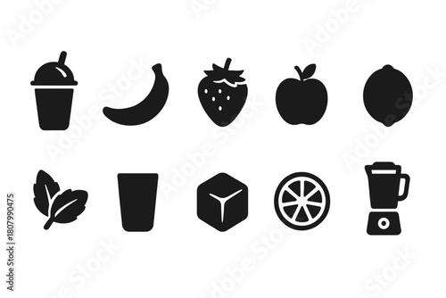 Fruit and smoothie silhouette icon set. Beverage and blender silhouette collection.