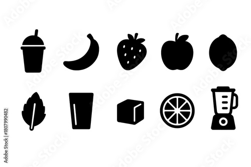Smoothie ingredients icon set. Juicing, blending icons flat collection