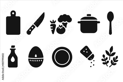Kitchen tools silhouette icon set. Cooking utensils, food preparation silhouette collection.
