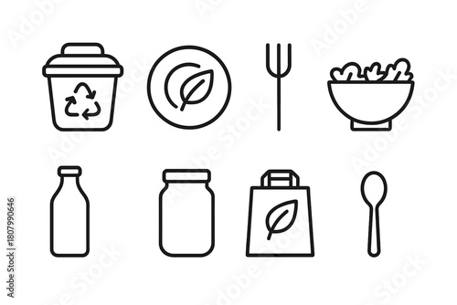Recycling and sustainability line icon set. Eco-friendly, zero waste outline graphics.