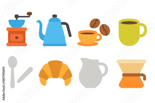 Coffee and kitchen icon set. Flat coffee essentials and kitchenware icons collection