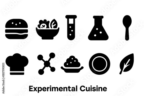 Experimental cuisine solid icon set. Culinary innovation, molecular cooking icons.