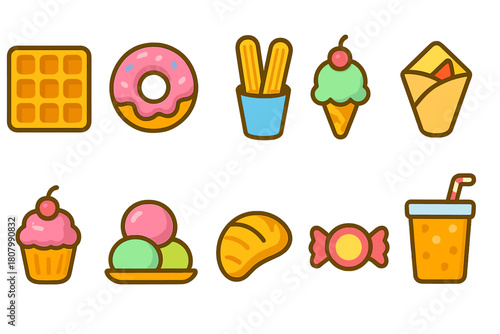 Food and dessert flat icon set. Sweets, snacks, and beverage icons collection
