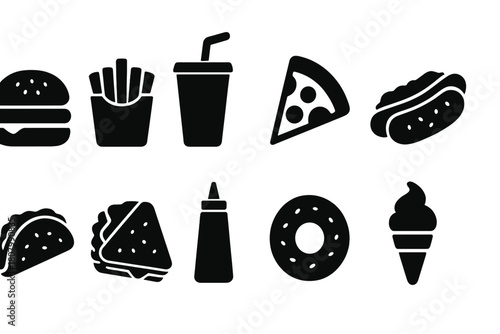 Fast food silhouette icon set. Burgers, pizza, fries, hot dogs in silhouette style.
