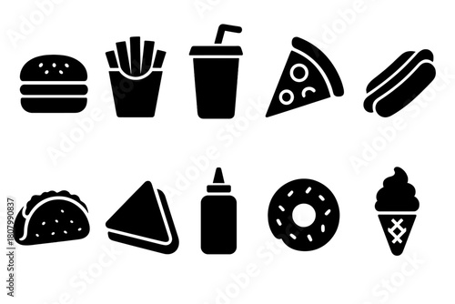 Fast food silhouette icon set. Burgers, pizza, soft drinks in silhouette style