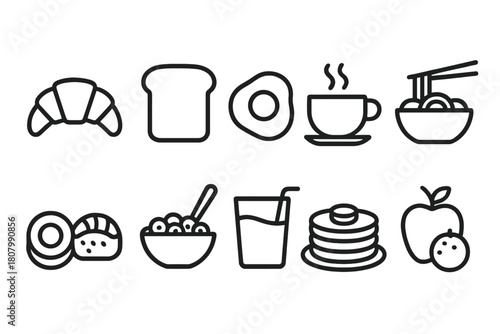 Food and beverage outline icon set. Breakfast, coffee, snacks linear icons collection