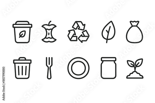Eco-friendly waste management icon set. Recycling, sustainability, outline eco icons