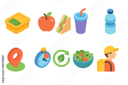 Food delivery flat icon set. Meal, snack, drink, location, courier collection