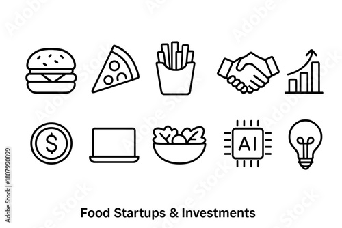 Food startups outline icon set. Business, food investments linear icon collection