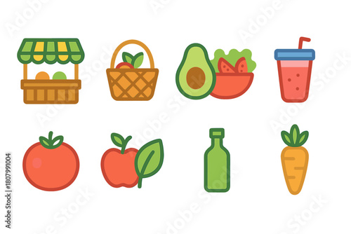 Food and drinks icon set. Fresh produce, beverage icons flat collection