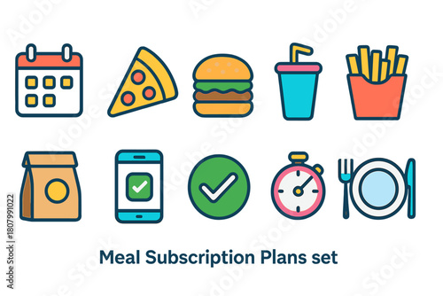 Meal subscription plans icon set. Food delivery outline icons collection