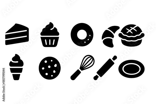 Bakery, pastry silhouette icon set. Desserts, baking tools icons silhouette collection
