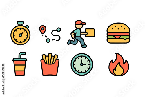 Fast food and delivery filled icon set. Burgers, fries, and delivery icons collection